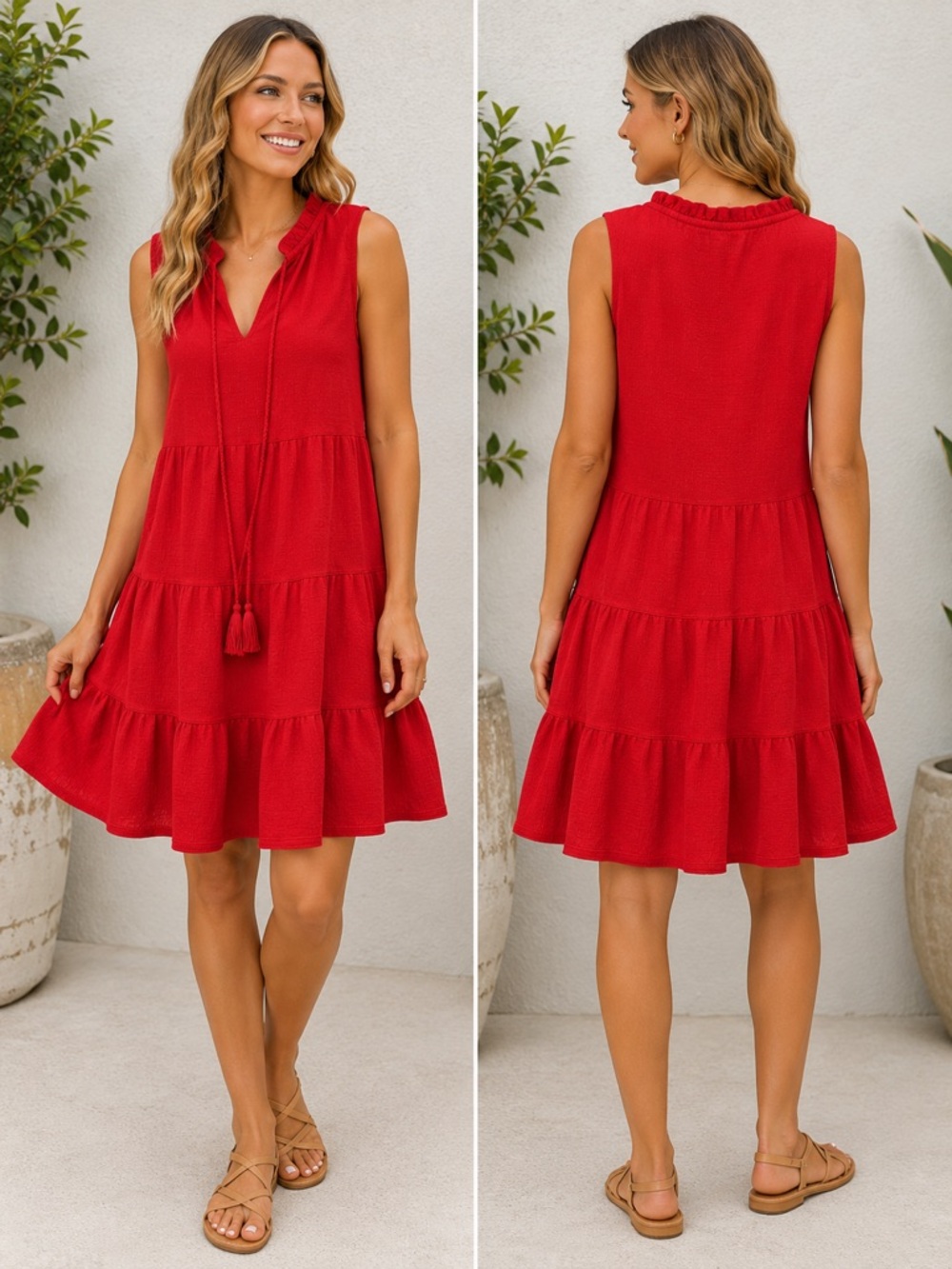 Max Studio Red Tiered Sleeveless Dress Small Tassel Tie Boho Mini Dress